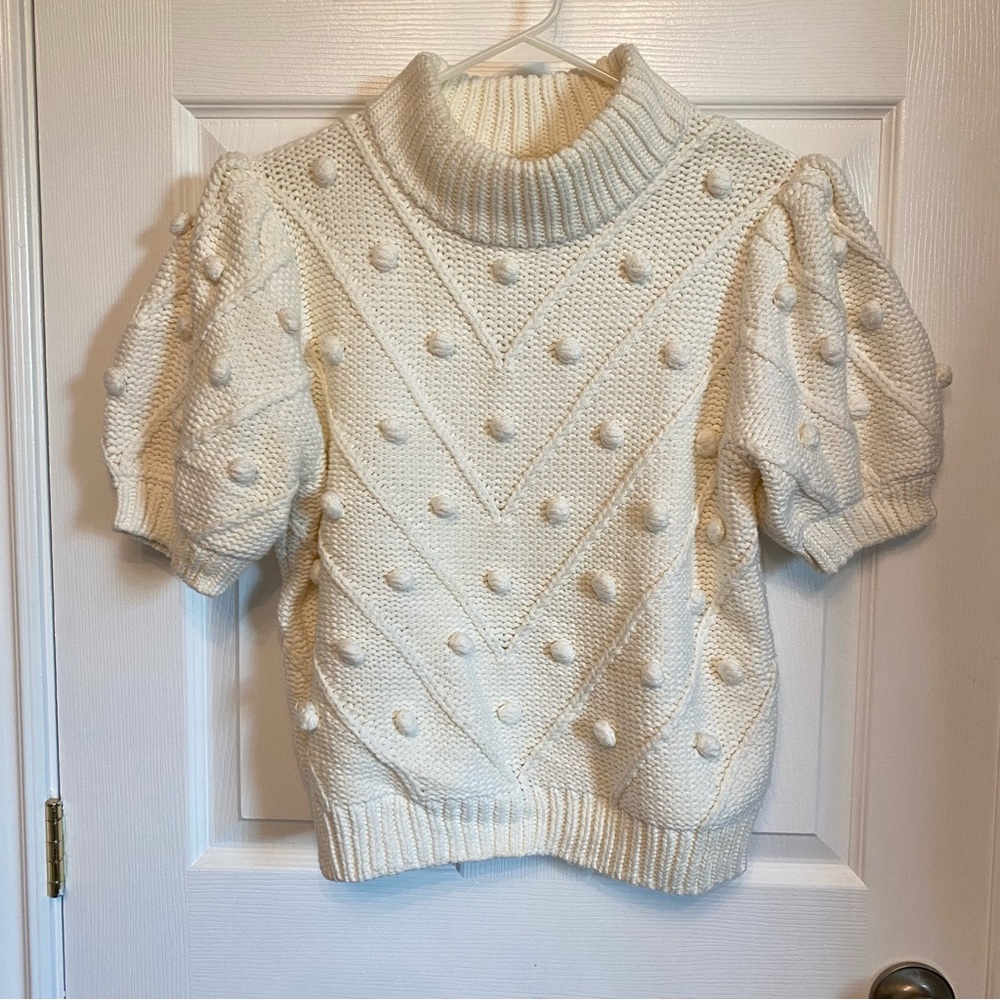 English Factory Pom Pom Puff Short Sleeve Boho Bobble Knit Sweater Ivory M